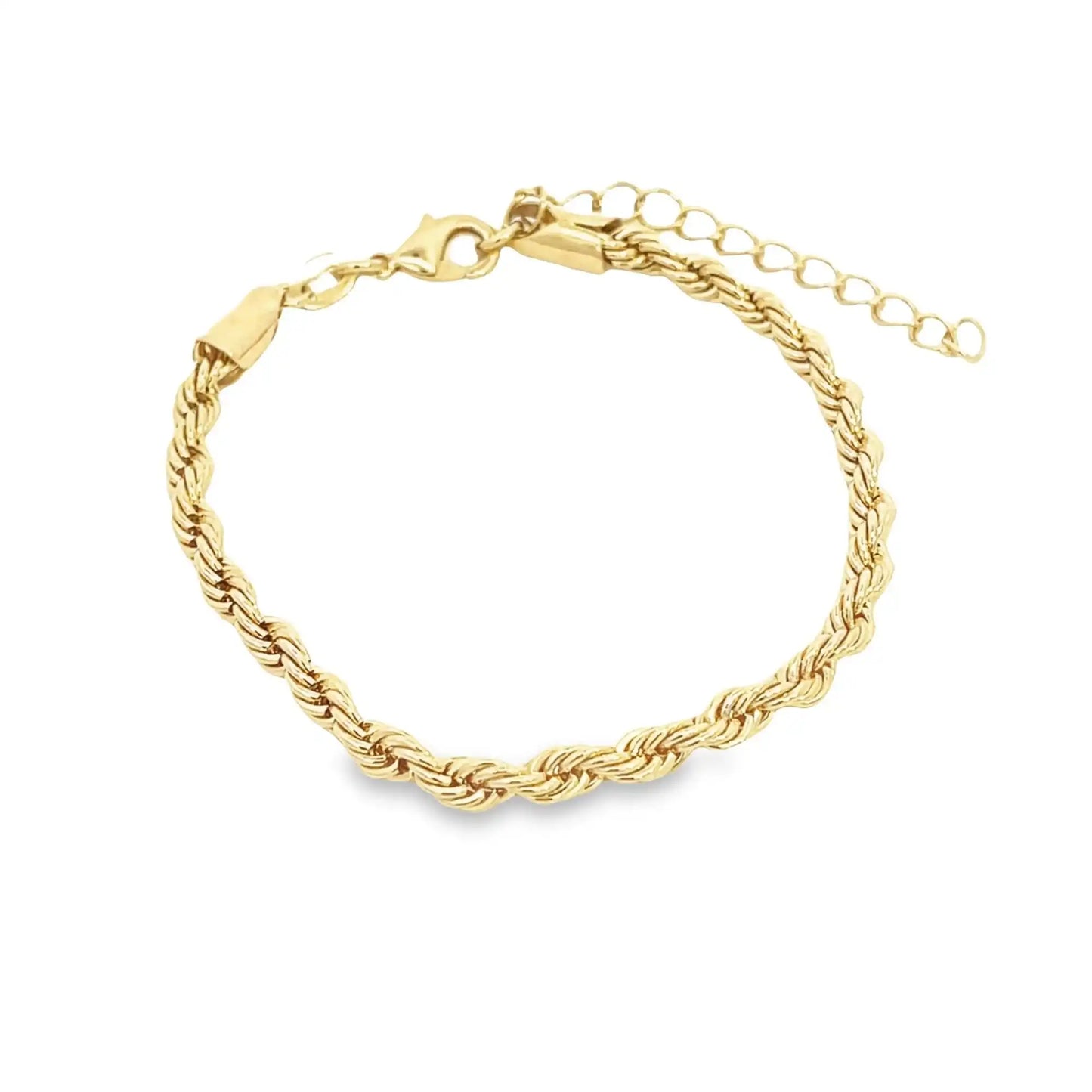 Elegant 4mm rope chain bracelet with 18K gold finish and lobster clasp, perfect for unisex wear in luxury fashion accessories.