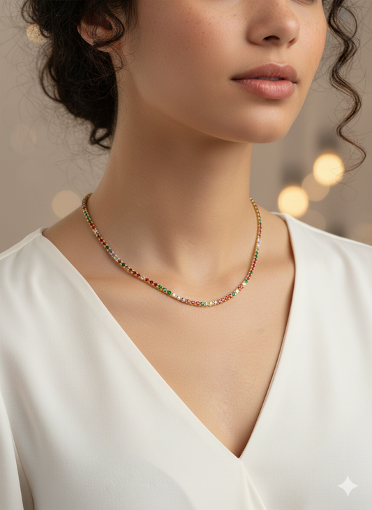 2mm Tennis Necklace Choker With Multicolor Round Clear Cubic Zirconia Stones