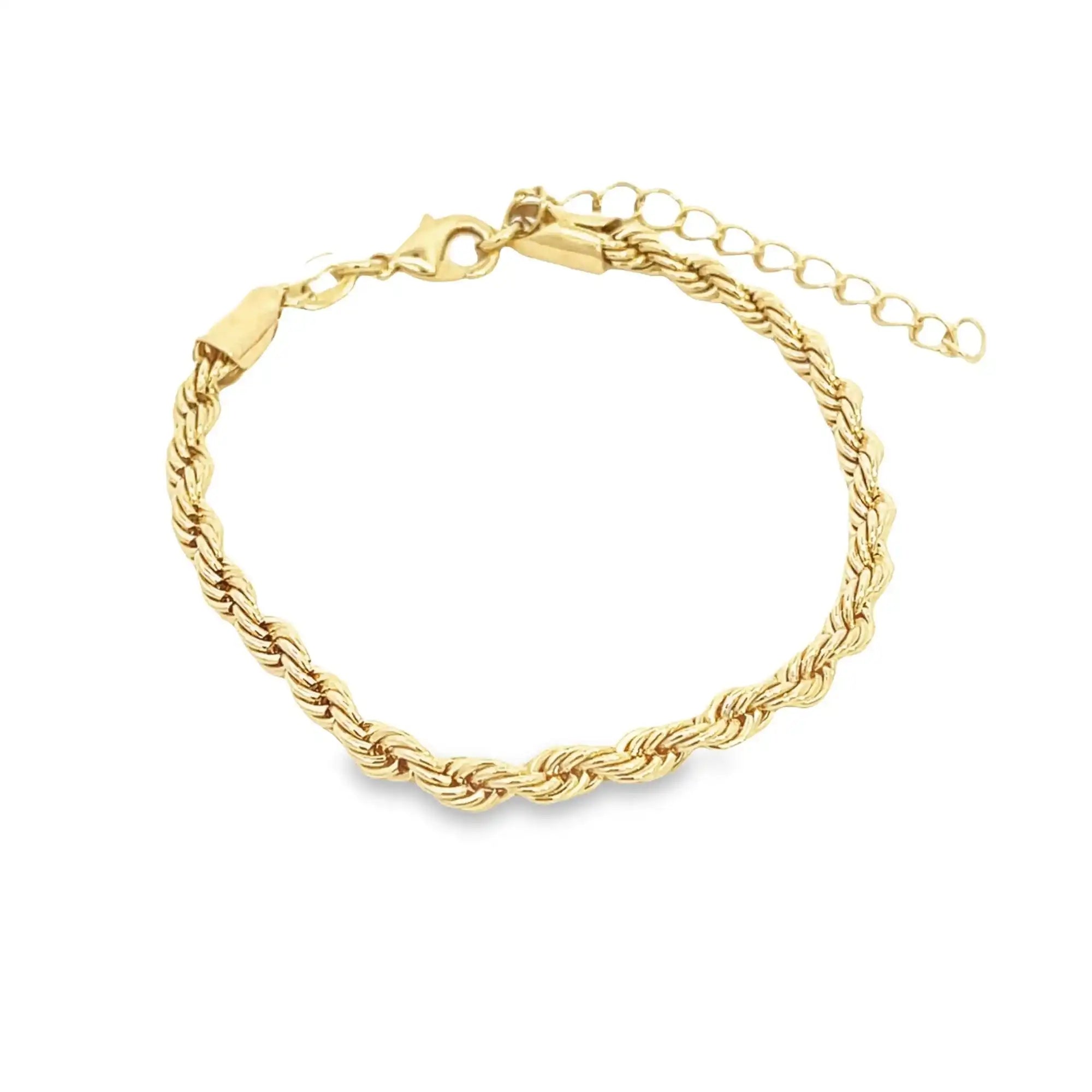 Elegant 4mm rope chain bracelet with 18K gold finish and lobster clasp, perfect for unisex wear in luxury fashion accessories.