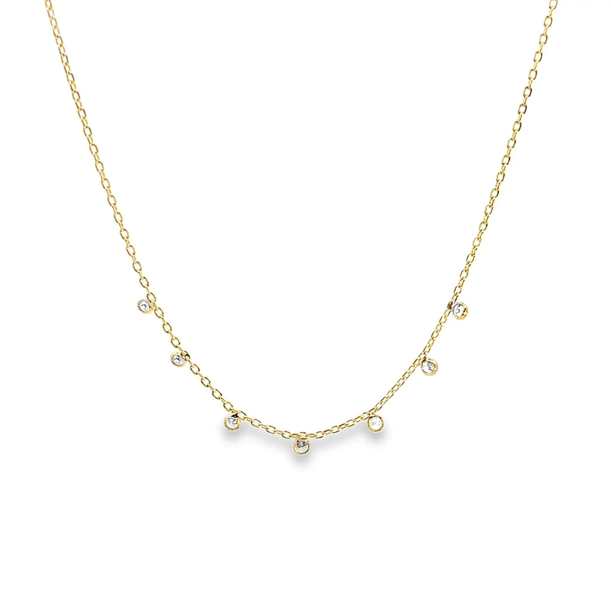 Thin CZ Stone Rolo Necklace (H157) in Clear features 2mm cubic zirconia stones on a delicate 1mm gold rolo chain, ideal for elegant styling.