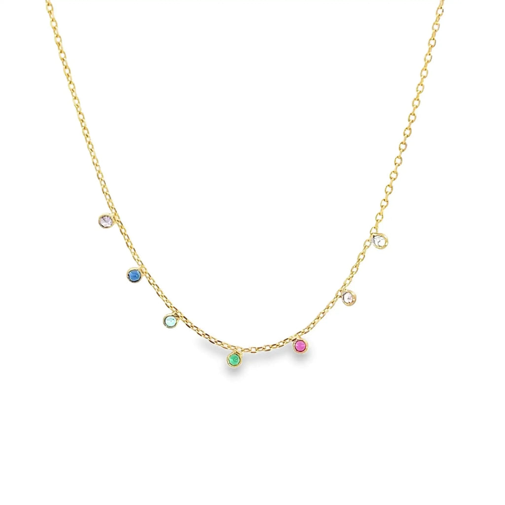 Thin CZ Stone Rolo Necklace (H157) in Color showcases multicolor 2mm CZ stones on a fine 1mm gold rolo chain, perfect for vibrant accessorizing.